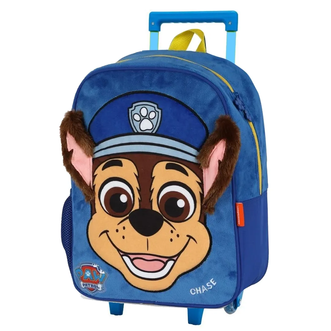 Mochila infantil Luxcel azul com rodinhas e estampa da Patrulha Canina vista frontal